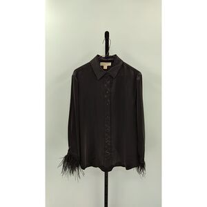 Michael Kors Black Button-Up Blouse with Feather Cuffs